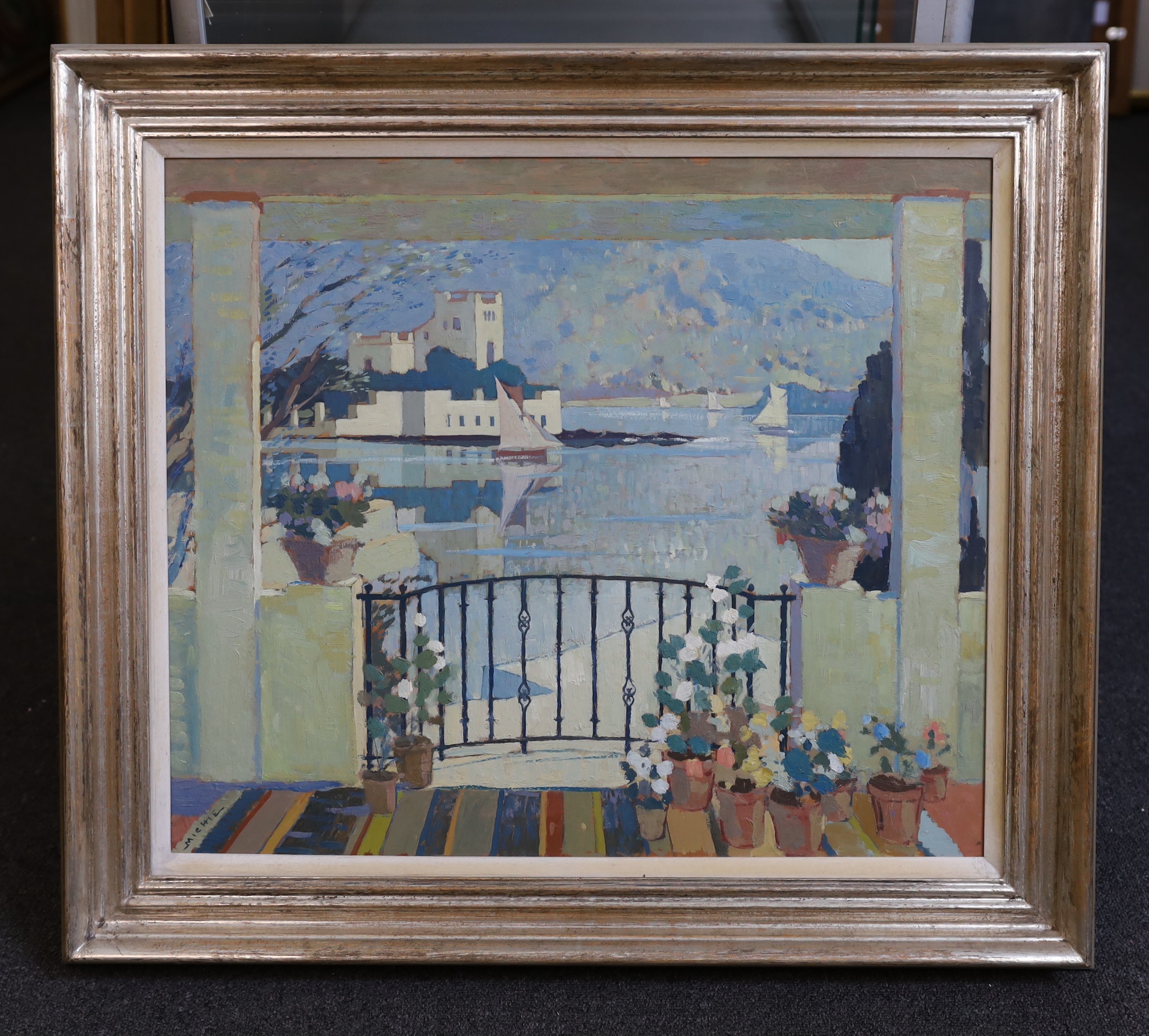 James Beattie Michie (1891-1960), Mediterranean viewed from a balcony, oil on board, 51 x 60cm